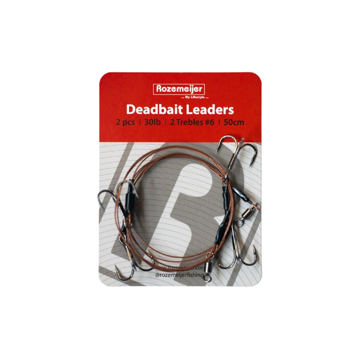 Rozemeijer Deadbait Leaders 2x Size 6 Treble 50cm 30lb 2pc. Rozemeijer Deadbait Leaders 2x Size 6 Treble 50cm 30lb 2pc.